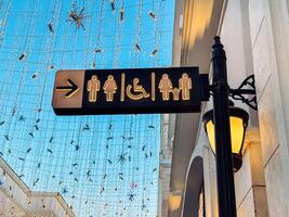A Directional sign indicating restrooms and accessibility features in public space photo
