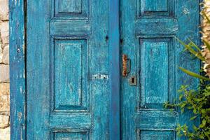 Vibrant blue door surrounded by lush greenery in a tranquil setting. photo