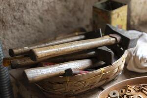 Old workshop with vintage hand tools, real life photo, retro photo