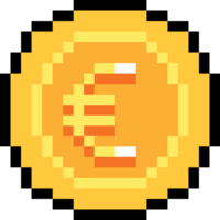 Pixel art coin with Euro symbol. 8-bit style retro currency icon for game design png