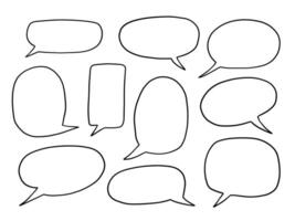 Line Art Comic Speech Bubble Outline. A playful collection of hand drawn speech bubble outlines in various shapes including oval and balloon styles. Perfect for comics quotes chats and message frames vector