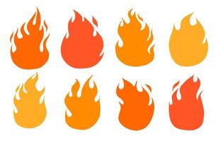 Flat Flame Silhouette Icon Collection. A bold collection of 8 flat flame silhouettes in vibrant red orange and yellow tones featuring smooth curves sharp flicks. Perfect for stickers heat visuals vector
