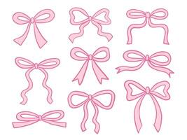 Line Art Ribbon Bow Element Collection. A delicate collection of pink ribbon bows in various loop styles including curls and classic ties. Perfect for girly decor festive packaging and fashion accents vector