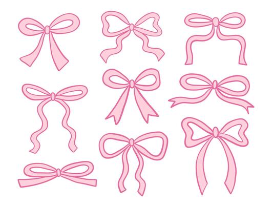 Line Art Ribbon Bow Element Collection. A delicate collection of pink ribbon bows in various loop styles including curls and classic ties. Perfect for girly decor festive packaging and fashion accents
