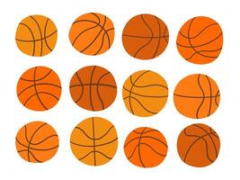 Flat Basketball Icon Shape Collection. A vibrant set of 12 basketball icons in flat style featuring various seam layouts and rounded orange forms. Perfect for sports graphics posters vector