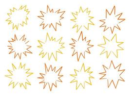 Hand Drawn Starburst Outline Icon. A bold collection of 12 starburst outline icons in orange and yellow hand drawn style with jagged expressive contours. Perfect for comics stickers highlights vector