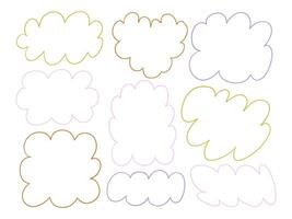 Line Art Cloud Frame Outline Collection. A whimsical set of 9 cloud frame outlines in hand drawn line art style featuring playful silhouettes. Perfect for stickers kids and dreamy visual themes vector