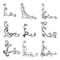 Hand Drawn Swirl Scroll Corner Ornament. A refined collection of 9 hand drawn decorative corner ornaments featuring curls spirals flourishes leaves and artistic strokes. Perfect for layouts invitation vector