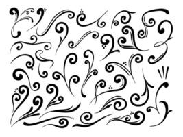 Doodle Style Curly Flourish Decorative. A graceful collection of 34 hand drawn curly flourish elements featuring botanical swirls and ornamental strokes. Perfect for branding and stationery vector