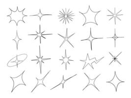 Line Art Sparkle And Starburst Element. A dynamic collection of abstract sparkle and starburst icons in thin black line art featuring glowing shapes pointed and edgy bursts. Perfect for pop graphics vector