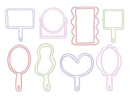 Line Art Hand Mirror Frame Vanity Icon. A charming collection of hand mirror illustrations in unique shapes including oval and abstract frames. Perfect for beauty girly themes and skincare branding vector