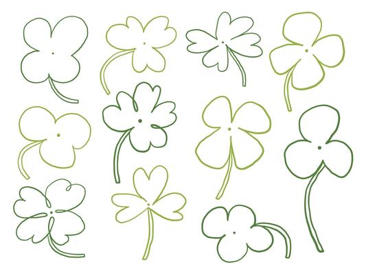Line Art Clover Leaf Botanical Element. A collection of 11 clover leaf illustrations in clean line art style featuring three and four leaf forms with curved stems. Perfect for seasonal graphics