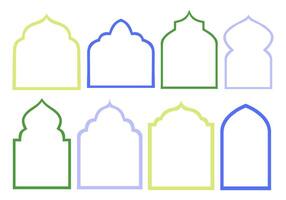Islamic Arch Frame Outline Collection. A complete collection of decorative islamic arch frames featuring domes peaks and stepped motifs in clean line art. Perfect for posters template religious design vector