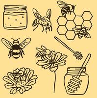 Set of illustrations of bees and honey-related elements, such as honeycombs, jars, and flowers. Doodle or hand-drawn style. vector