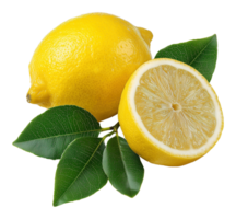 Yellow lemon and half cut lemon with leaves image isolated transparent. Vitamin C citrus limon cut out . Lemonade ingredient. Sour fruit cutout element object photography png