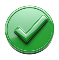 Glossy green checkmark icon circular transparent image. Check mark button isolated cutout 3d render. Confirmation positive. Approval validation cut out clipart design element png