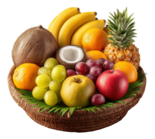 Woven basket filled with tropical and temperate fruits image isolated transparent. Bananas, grapes, oranges, apples, coconut, pineapple cut out . Exotic bounty cutout png