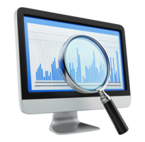 Magnifying glass analyzing data on computer monitor transparent image. Bar graphs analytics. Performance metrics isolated cutout 3d render. Digital research cut out clipart design png