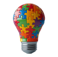 Light bulb made of multicolored puzzle pieces transparent image. Creative innovation, problem-solving isolated cutout 3d render. Collaborative thinking cut out clipart design element png