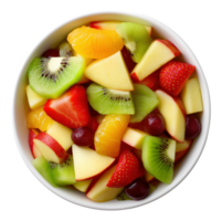 Overhead view of mixed fruit salad in ceramic bowl image isolated transparent. Sliced apples, kiwi, strawberries, mandarin, cherries cut out . Breakfast idea cutout object png