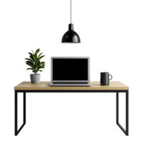 Minimalist desk setup with laptop, coffee mug, plant image isolated transparent. Hanging lamp over workstation table cut out . Notebook home office cutout object photography png