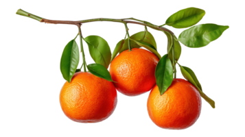 Ripe clementines hanging on tree branch image isolated transparent. Ripe mandarin oranges cut out . Vitamin C citrus reticulata tangerina fruit cutout element object photography png