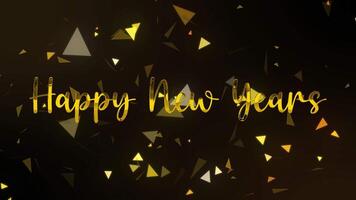Golden Text Happy New Years Is Set Against Dark Backdrop Showered With Gold Triangle Confetti video
