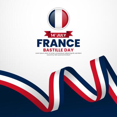 France bastille day greeting card, square background with warving ribbon flag