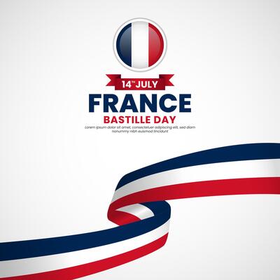 France bastille day greeting card, banner background with warving ribbon flag