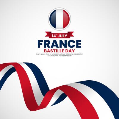 France bastille day greeting card, square banner background with warving ribbon flag