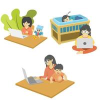 mother working with laptop while taking care of child, illustration of working from home concept vector