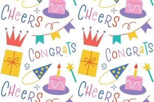 Seamless pattern with birthday icons and lettering cheers and congrats. Colorful design for party with flat cartoon gifts and cakes, celebration background, wrapping paper, kids event vector