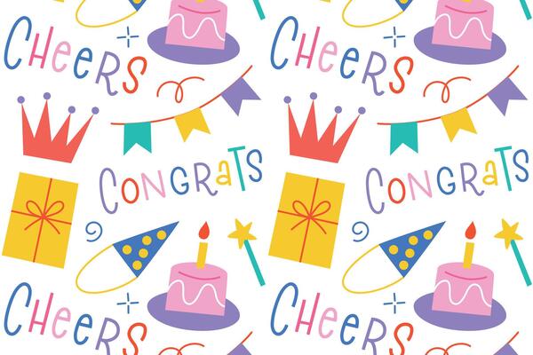 Seamless pattern with birthday icons and lettering cheers and congrats. Colorful design for party with flat cartoon gifts and cakes, celebration background, wrapping paper, kids event