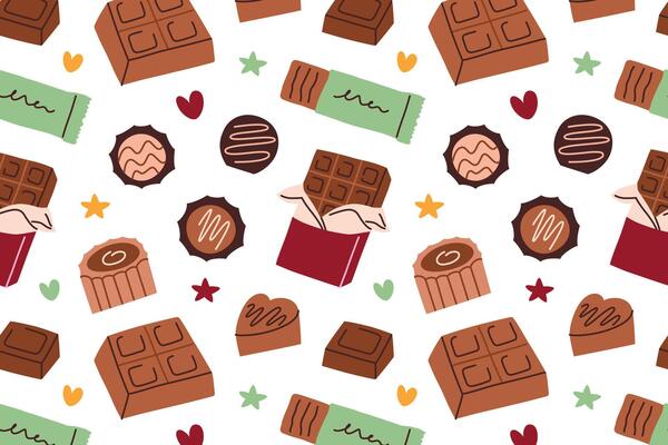 Seamless flat cartoon pattern with chocolate candies, bars and wrapped sweets in decorative shapes and glaze. Tasty dessert background for holidays, packaging, celebration, cozy festive design