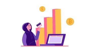 person in a hoodie holding a credit card in front of a laptop, with rising bar chart and floating cryptocurrency icons. Concept of cybercrime, online transactions, digital finance, or hacking video