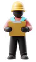 the image shows a 3d stylized figure of a worker against a plain backdrop. the worker is wearing a yellow safety hat and has dark colored limbs and a face png
