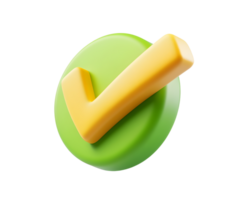 this is a close up of a rendered image against a plain backdrop. the focal point is a check mark in a yellowish hue situated atop a circular object in green png