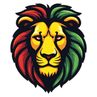 A front view of a colourful lion head with a black mane and a green and red face. png