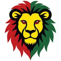 Front view of a colorful lion head with a black mane and green and red faces. png