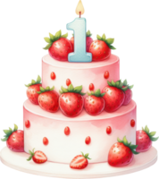 Strawberry birthday cake with one candle png