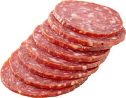 Stack of thinly sliced salami with visible fat specks png