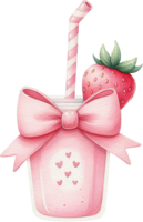 Strawberry flavored milkshake or smoothie with a pink bow and heart png