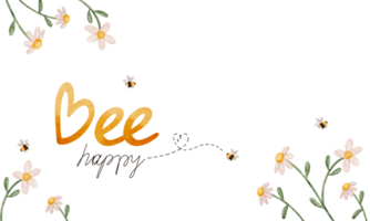Cheerful Be Happy rectangular postcard featuring watercolor illustrations daisies and buzzing bees, perfect for spreading positivity and sunshine. Bright, charming, and full of nature's joy card. png