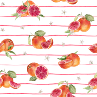 Seamless pattern with watercolor illustration of grapefruit with white flowers on isolated striped background. Hand painted print with grapefruit branch with green leaves. Citrus fruits for textile png