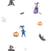 Seamless pattern for Halloween with wizard in a hat and cloak with a magic wand with stars, fairy or witch on a broomstick, ghost and pumpkin. Hand drawn fantasy repeat illustrations for kids' design png
