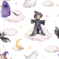 Seamless pattern for Halloween with wizard in a hat and cloak with a magic wand with stars, witch on a broomstick, bat and ghost on sky with clouds. Hand drawn fantasy illustrations for kids' design png