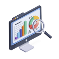 3D Computer Analytics Dashboard with Magnifying Glass png