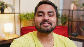 POV view man blogger taking selfie on smartphone call online conversation recording stories video