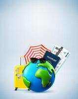 Summer travel concept with the Earth and travel elements. 3d banner with copy space vector