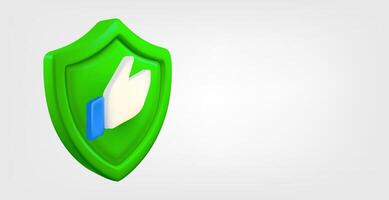 Green shield with thumbs sign isolated on grey background. 3d banner with copy space vector